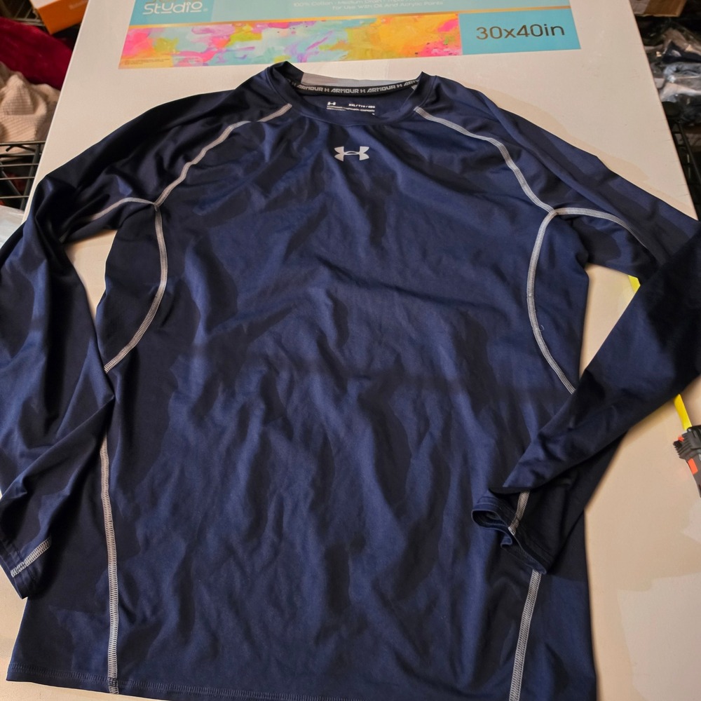 Under Armour HeatGear Mens XXL Compression Shirt Navy Blue Long Sleeve Training